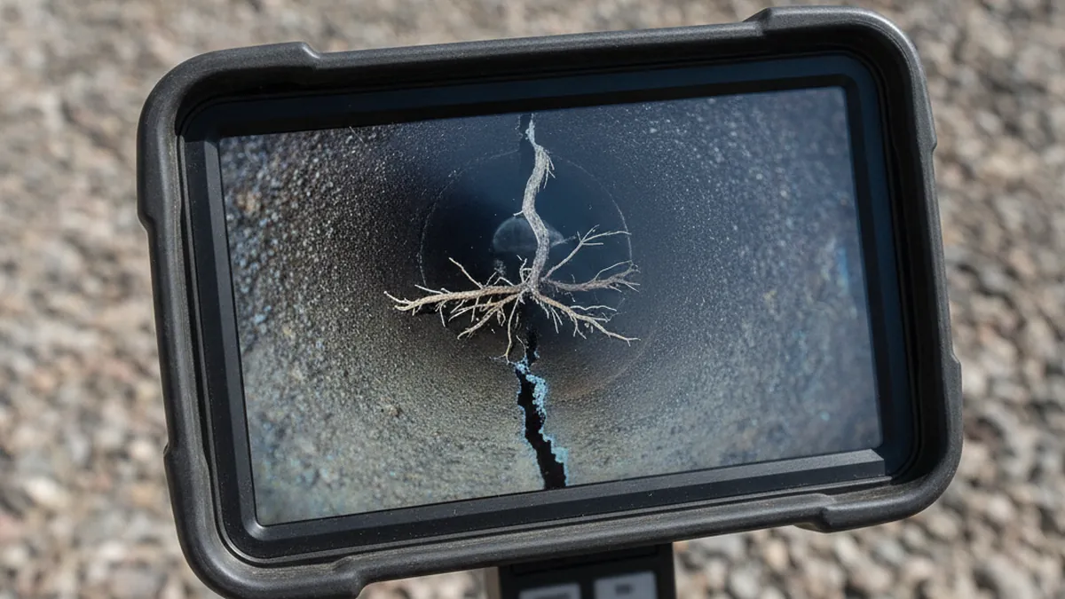 Sewer camera monitor showing a cracked pipe joint with tree roots growing through it