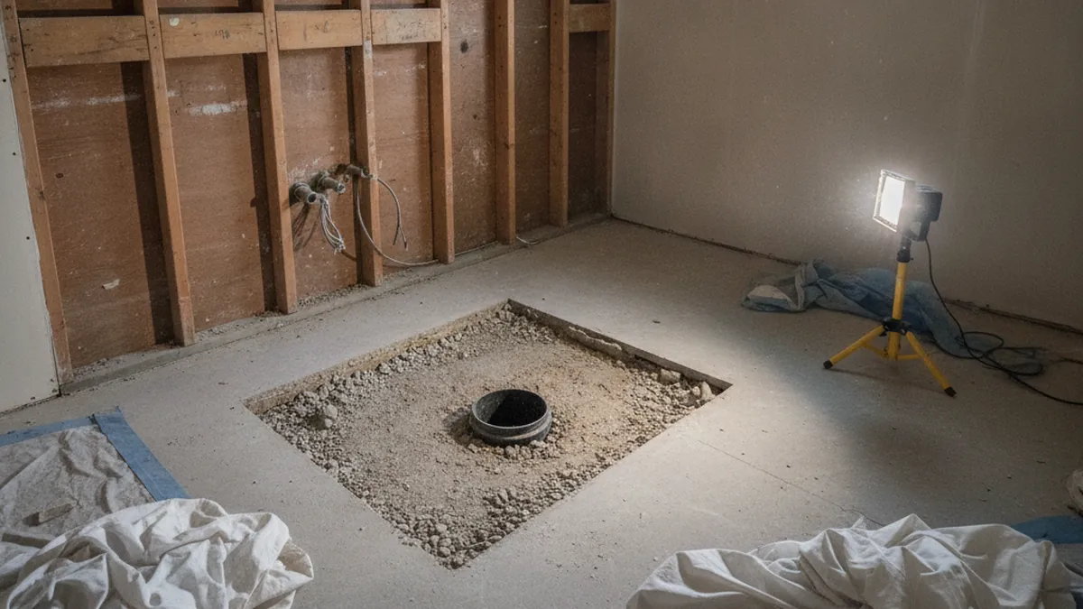 Bathroom after tub removal with the concrete slab cut open around the old drain