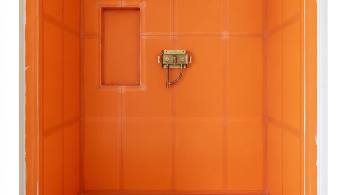 Shower walls and floor covered with orange waterproofing membrane before tile is installed